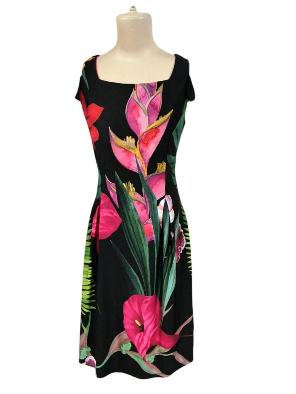 Frank Lyman Size 10 Black Floral Cold Shoulder Fully Lined Midi Dress